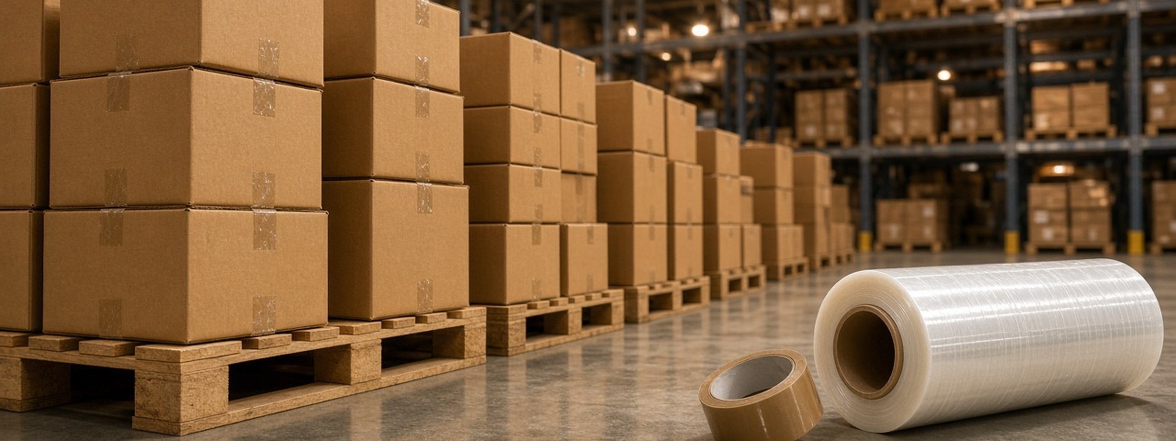 Florida Packaging warehouse — boxes, stretch wrap, and tape